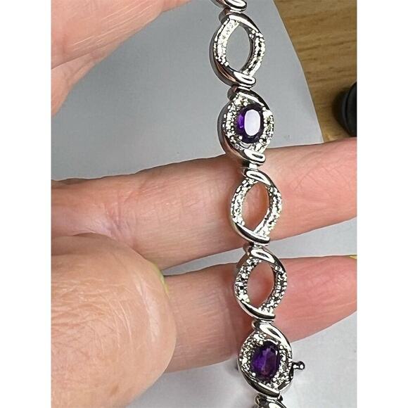 Sterling Silver Amethyst Color Bracelet with Diamond Accents Oval Cut Purple 7” - Picture 3 of 4
